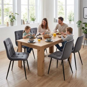 Homestyle4u Esstisch aus Holz, Eichenoptik, ausziehbar 120-160x80 cm. Familie isst am Tisch im hellen Esszimmer.
