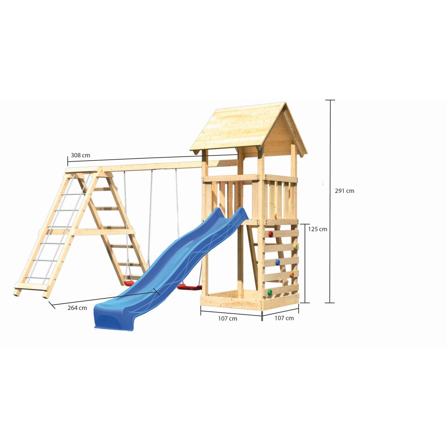 Karibu Spielturm Lotti mit Doppelschaukel, Kletterwand und blauer Rutsche aus Holz.