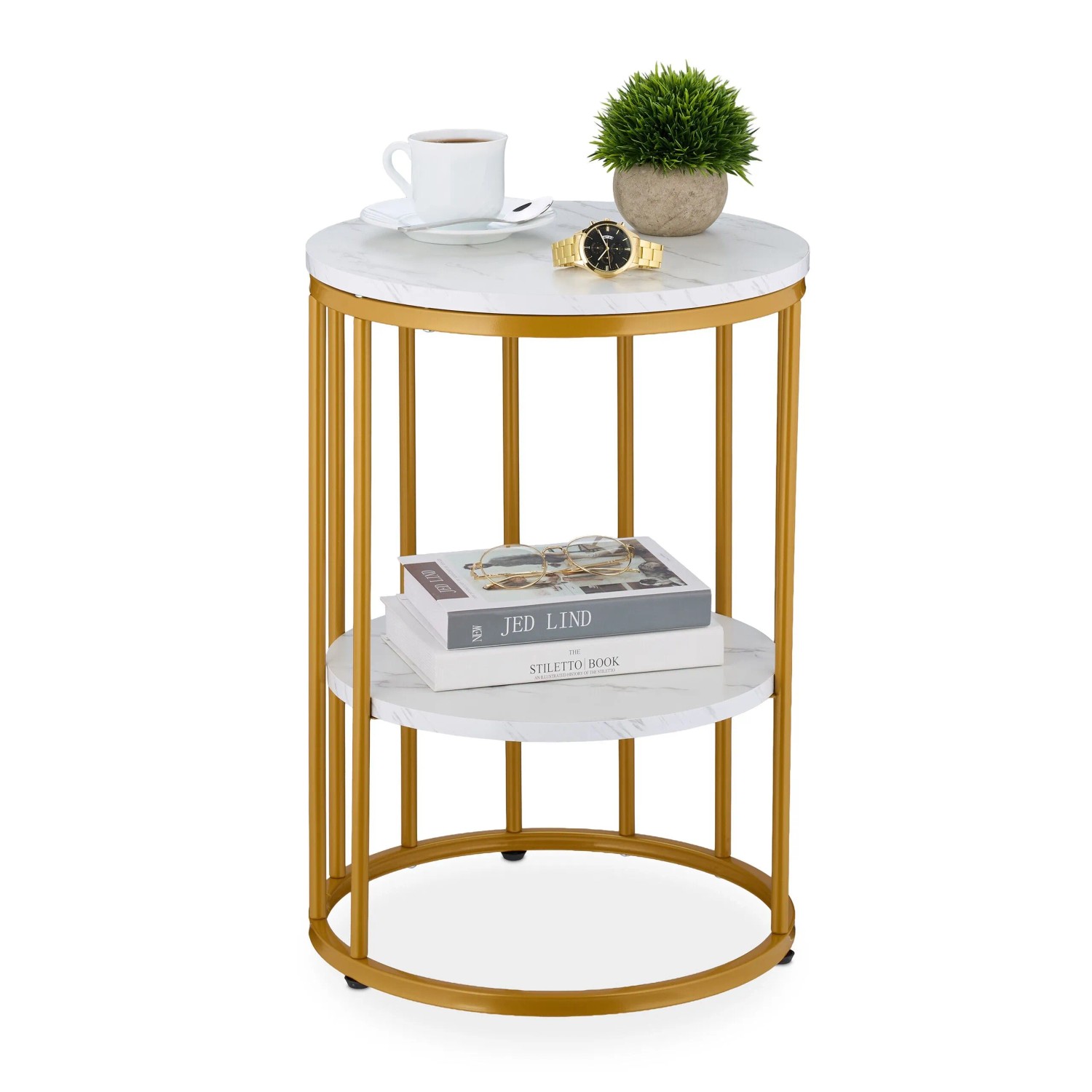 Relaxdays Beistelltisch in Marmoroptik Eisen MDF Weiß Gold Höhenverstellbar 57 cm x 40 cm 3,7 kg