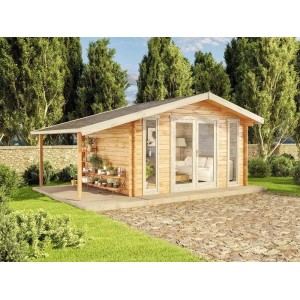 Braunes Alpholz Gartenhaus Mirko Modern mit Satteldach und überdachter Terrasse.