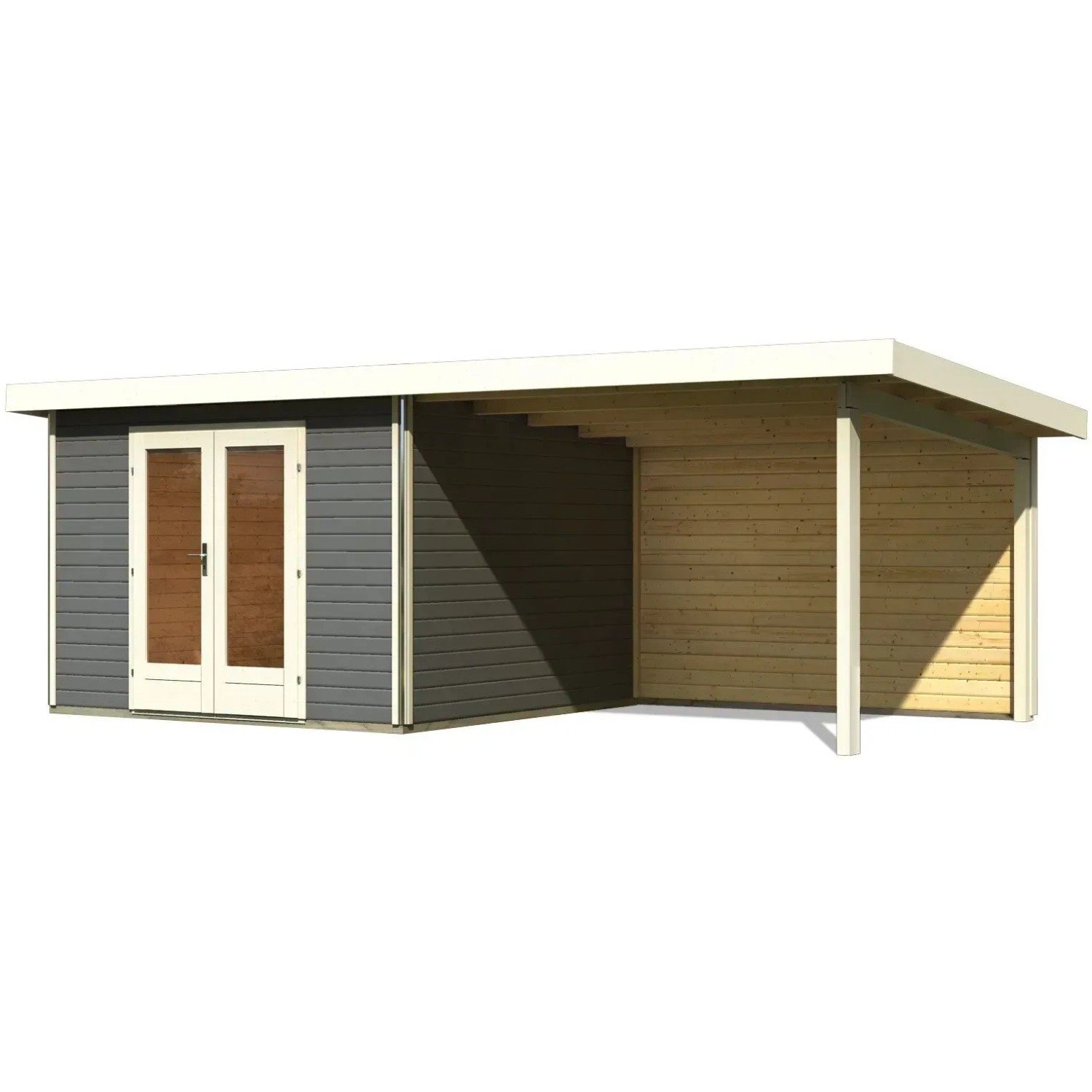 Karibu Holz-Gartenhaus Norrköping, terragrau, mit Pultdach und Anbau.