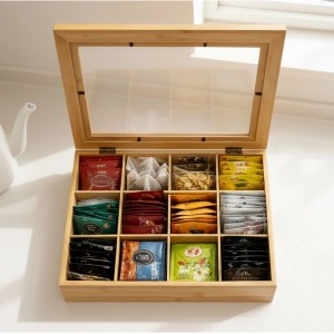 Relaxdays Teebox Bambus Natur mit 12 Fächern 8 cm x 28 cm x 23 cm