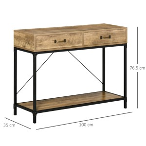HOMCOM Konsolentisch in Braun mit Holzmaserung und schwarzem Metallgestell. Industrie-Design mit 2 Schubladen und Ablage. 100x35x76,5 cm.