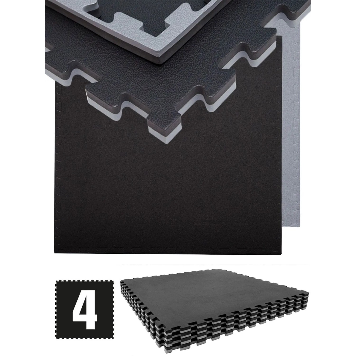 Schwarze eyepower Fitnessmatte, 4er Set, 90x90x2 cm. Robuste, wendbare Puzzlematte aus EVA-Schaum für Sport & Bodenschutz.