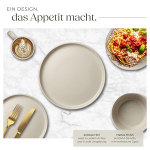 Tectake Kombiservice Una, 30-teilig, taupe. Geschirrset mit Tellern, Schüsseln und Tassen im Urban Style.