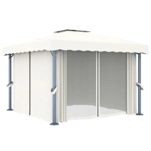 Cremeweißer vidaXL Pavillon 3x3m mit Vorhängen und LED-Lichterkette für Garten & Terrasse.