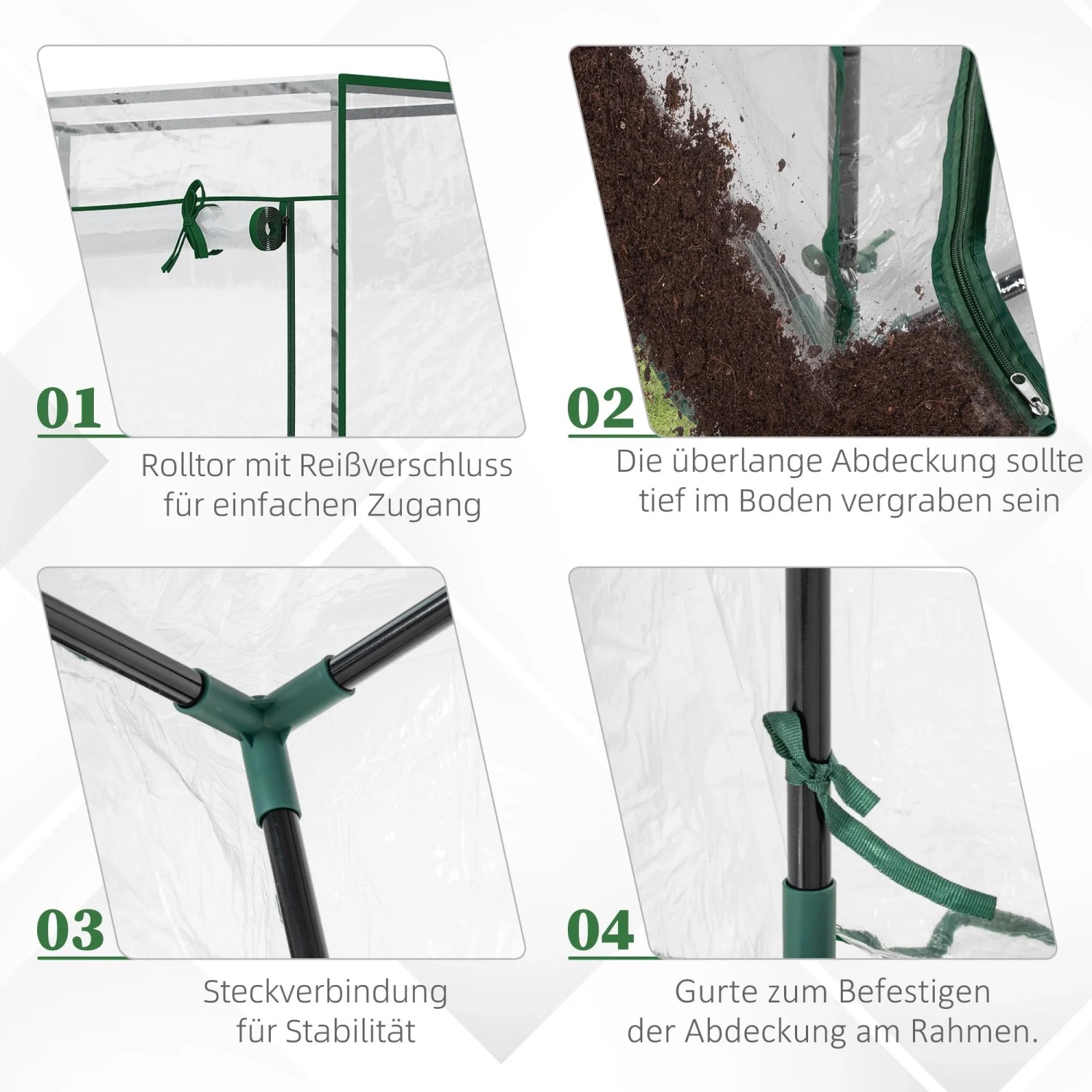 Details des Furnicato Gewächshauses: Rolltor, Erdanker, Steckverbindung, Befestigung der Folie.