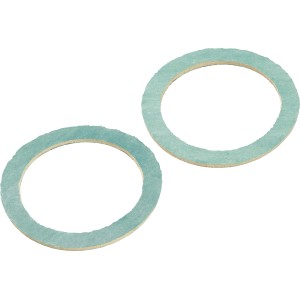 Zwei Fiberdichtungen, Ø 42 mm x Ø 55 mm, für Rohrleitungen.