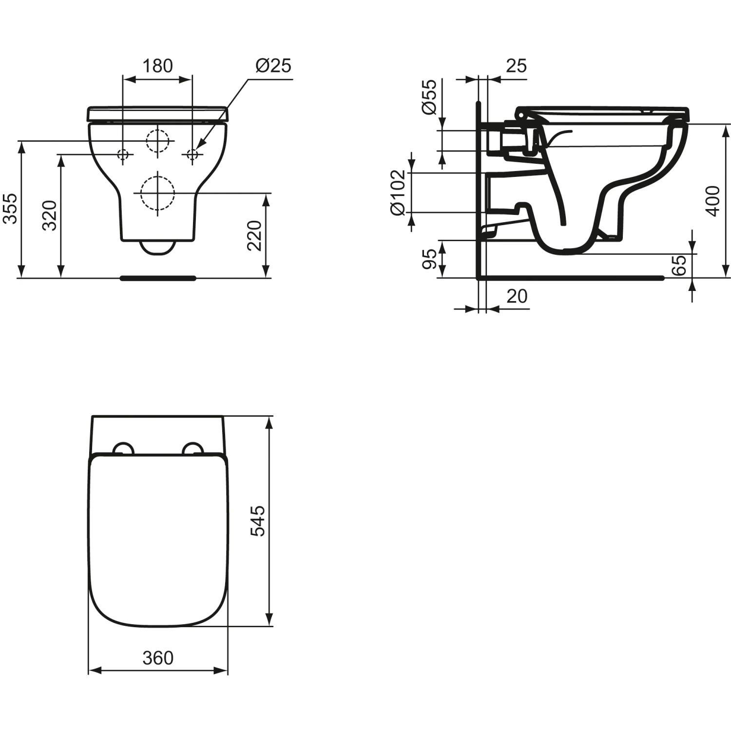Technische Zeichnung Ideal Standard WC-Paket I.Life A, spülrandlos, inkl. WC-Sitz, Maße in mm.