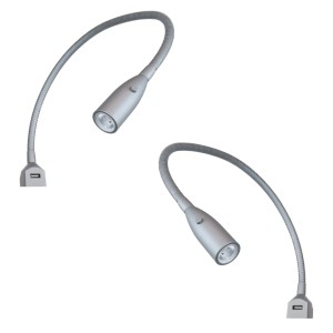 2er Set flexible LED Bettleuchten in Silbergrau mit USB-Ladefunktion. Warmweißes Licht, ideal als Leseleuchte.