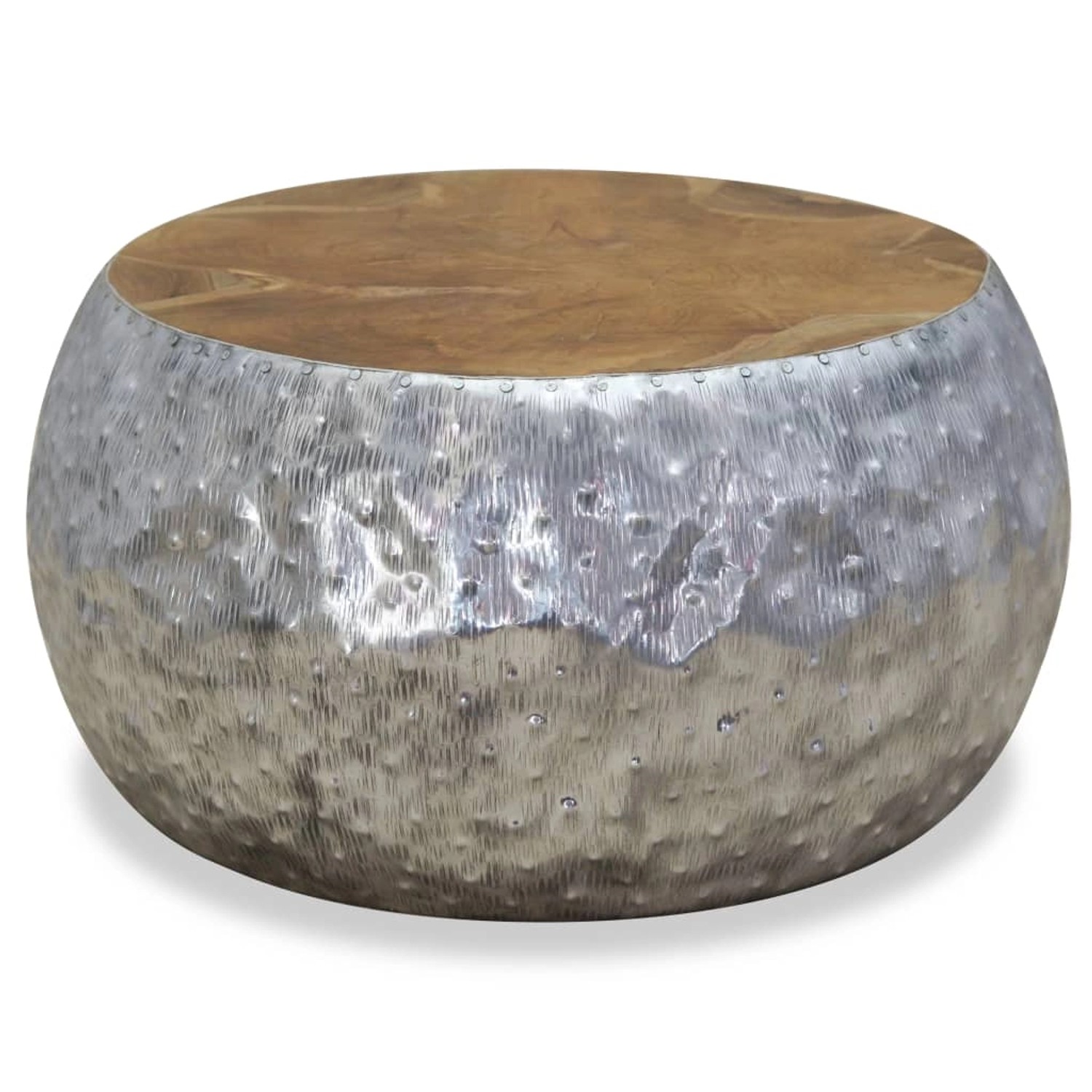 Runder Couchtisch aus Aluminium und Teakholz, 60x60x30 cm. Wohnzimmertisch mit silbernem Gestell und brauner Tischplatte.