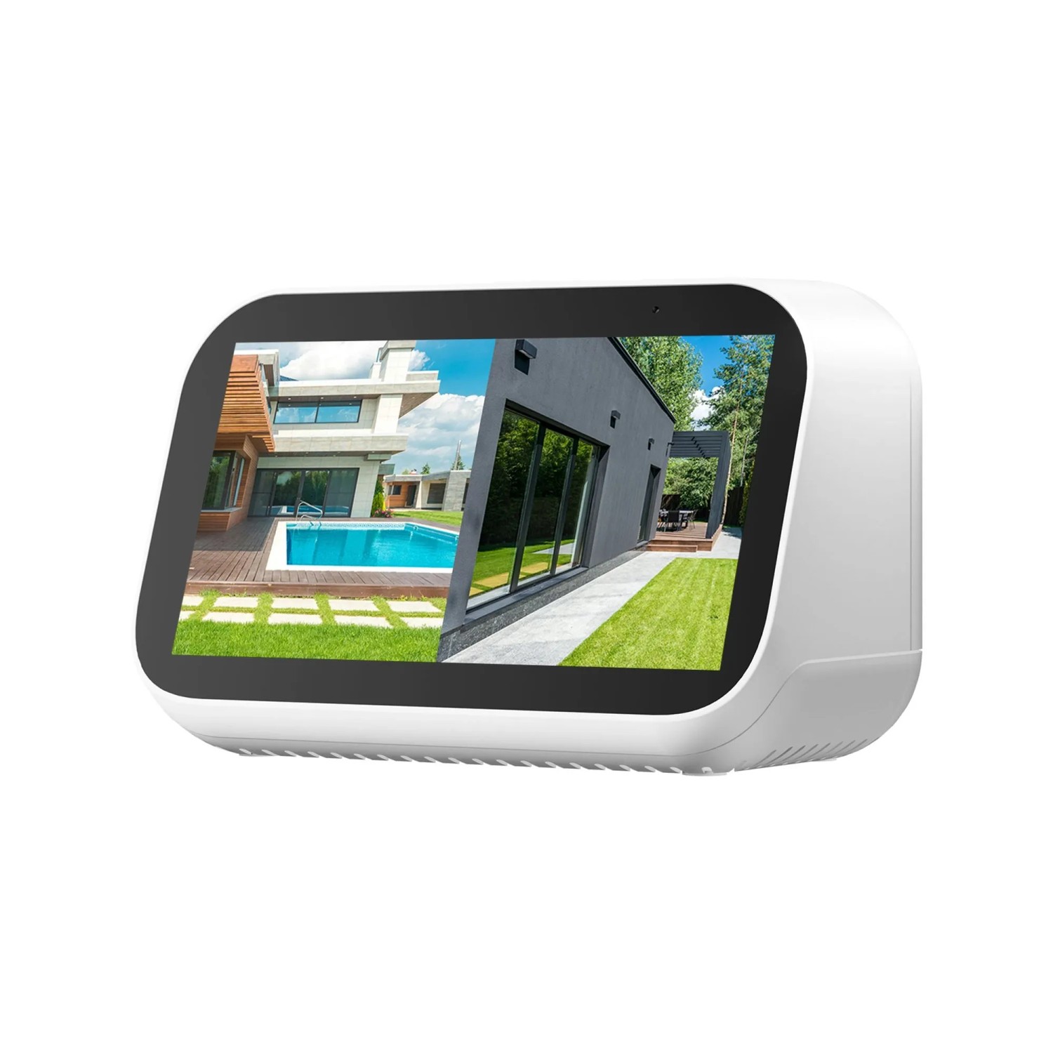 Weißer Technaxx TX-389 Touchscreen-Monitor zeigt Live-Ansicht von zwei Häusern mit Garten zur Videoüberwachung.