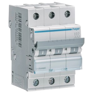 Hager Leitungsschutzschalter C16A 3P, 3-polig, für 16A, mit Beschriftungsfeld.