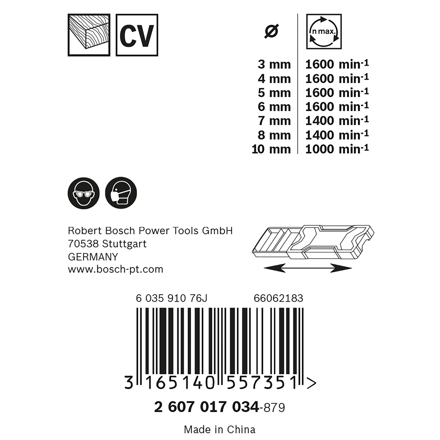 Bosch Holzbohrer-Set Pro: Technische Daten für Holz, Bohrer-Ø, max. Drehzahl, Barcode, Sicherheitssymbole.