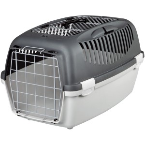 Trixie Transportbox Capri 3 Open Top, hellgrau/grau, mit Metallgitter und Tragegriff.