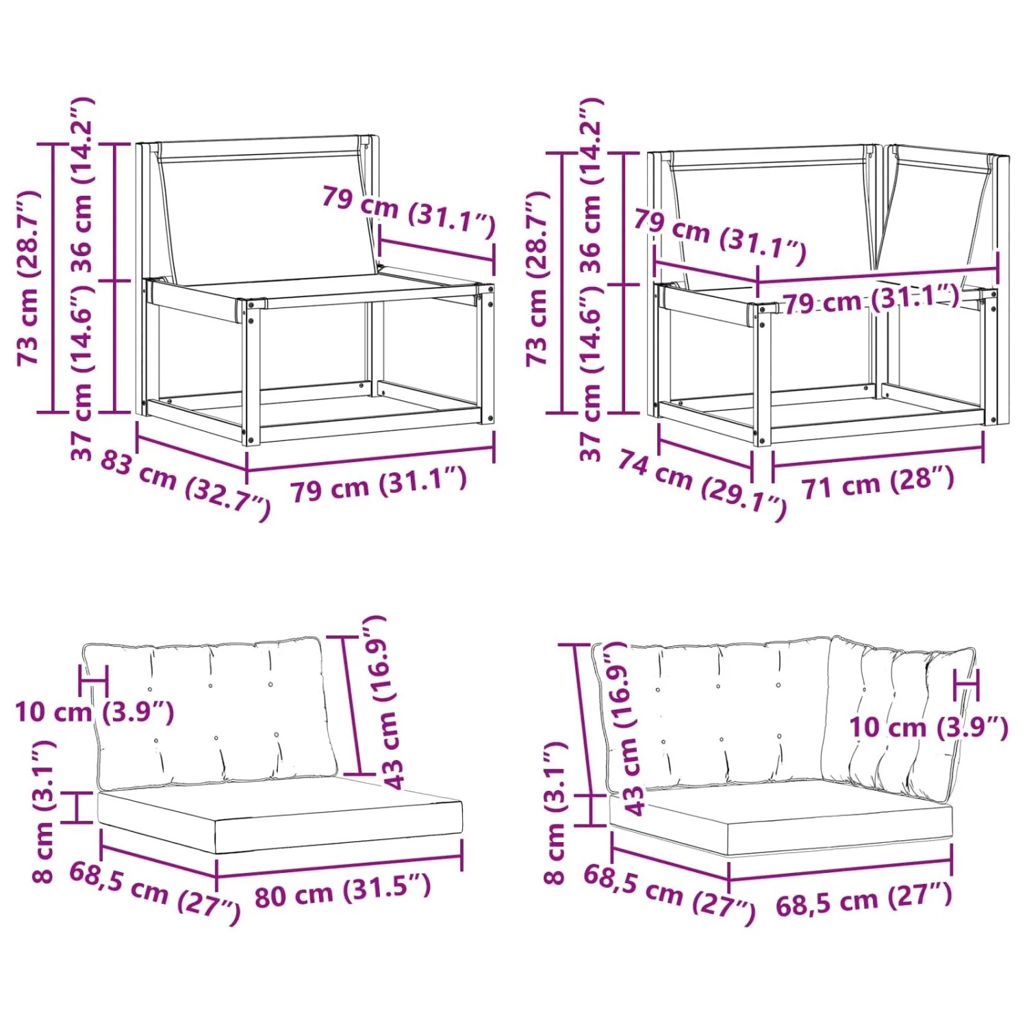 vidaXL Mittel- und Ecksofa mit Kissen 2 Stück Natur Massivholz Akazie 900649_11