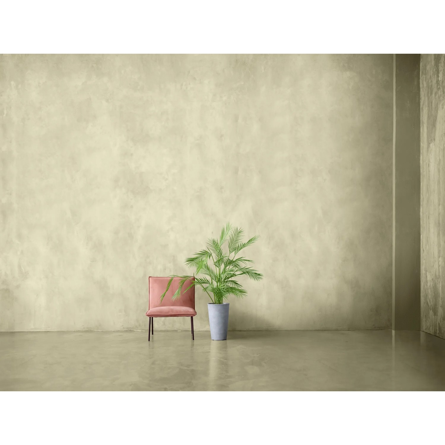 Raum mit Alpina Mineral Beton Granulat in Hellbeige: Fugenlose Wandgestaltung mit Stuhl und Pflanze.