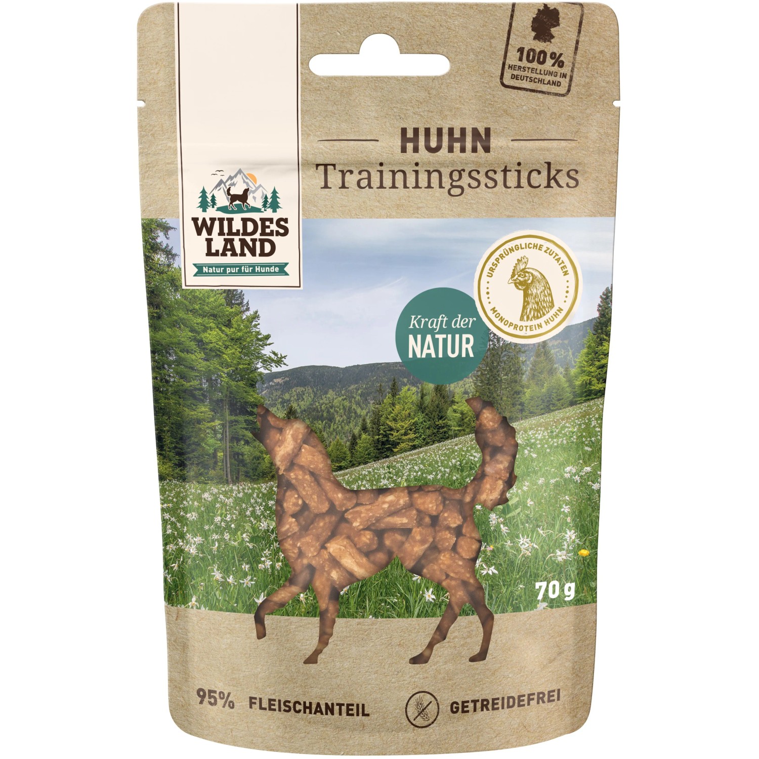 Wildes Land Hunde-Belohnungssnacks Trainingssticks Huhn 70 g