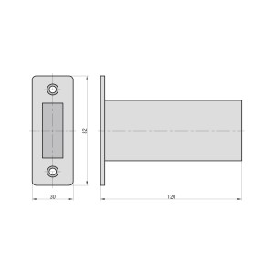 Technische Zeichnung: BASI Mauerabschlussblech braun für Panzerriegelschloss, Maße 30x82x120 mm.