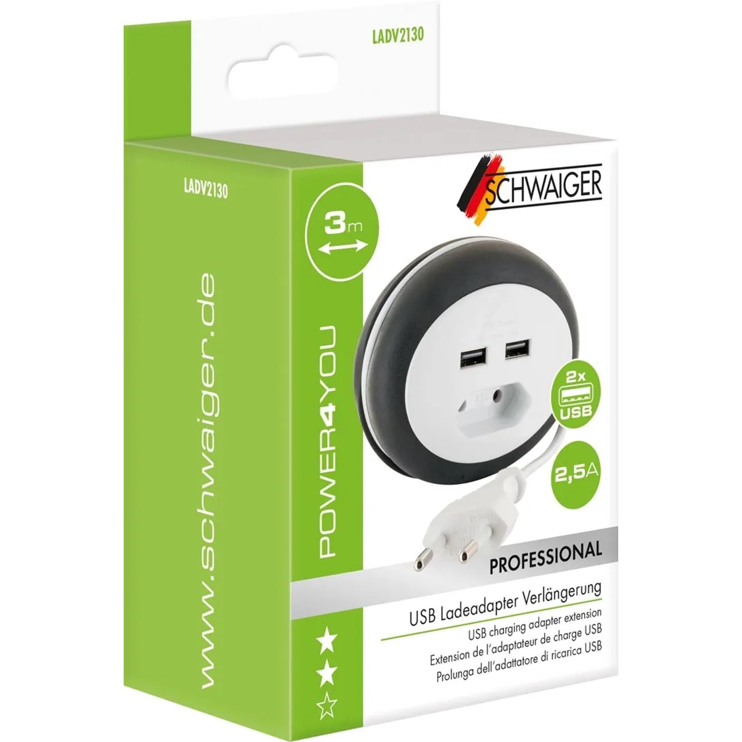 Schwaiger Euroverlängerung mit 2 USB-Ports, 3m Kabel, in Weiß. Steckdosenverlängerung für Computer & Multimedia.