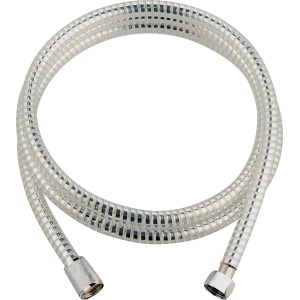 Silberfarbener, transparenter Kunststoff-Brauseschlauch, 200 cm lang.