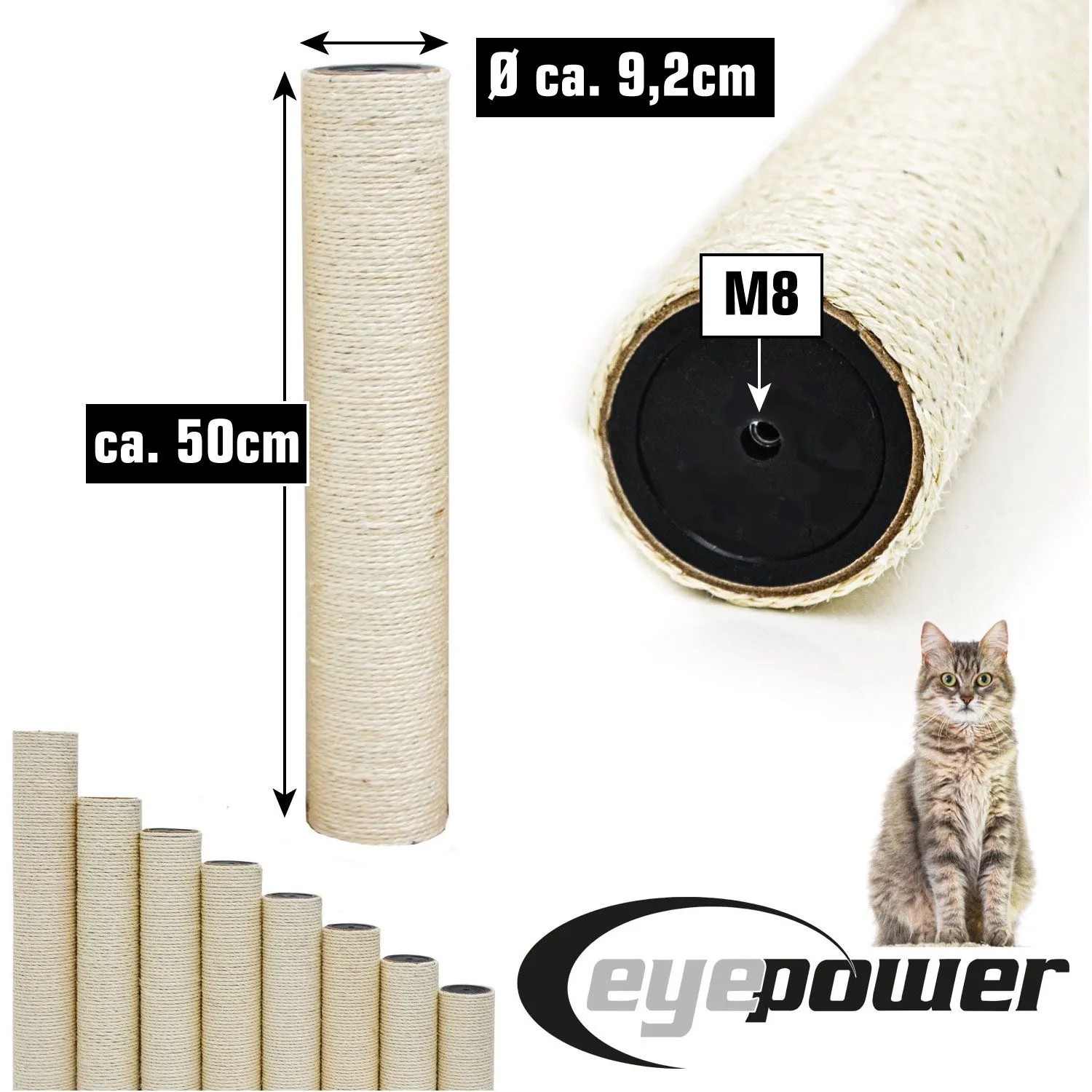 Naturfarbener Sisalstamm für Katzen-Kratzbaum, 50 cm lang, Ø 9,2 cm, mit M8 Gewinde. Kratzbaum-Zubehör.
