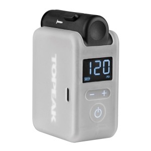 Topeak E-Booster Digital Minipumpe, grau, mit schwarzem Aufsatz, digitalem Display (120 PSI) und Tasten.