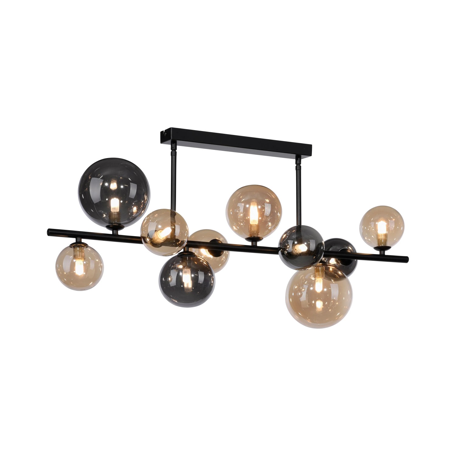 Schwarze Paul Neuhaus Deckenleuchte Popsicle mit 10 Amber- und Rauchglas-Kugeln.