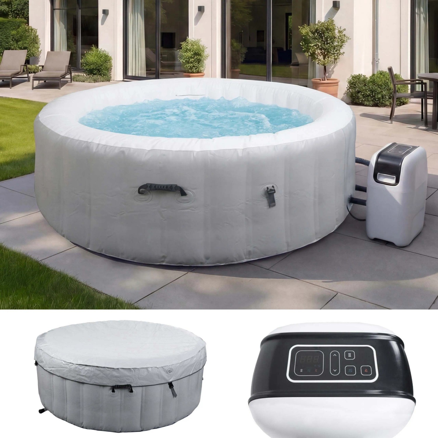 Aufblasbarer, runder, grau-weißer MCW Whirlpool N97 für 4 Personen mit Heizung und Abdeckung.