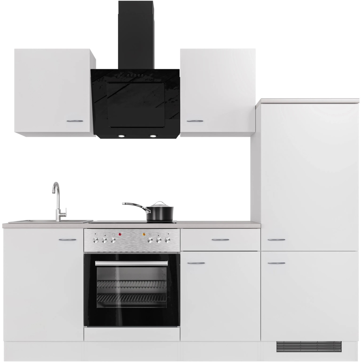 Flex-Well Küchenzeile Wito, 220 cm, Weiß: Kompakte Einbauküche mit E-Geräten und Spüle.