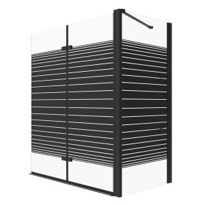 Aquabatos Duschwand für Badewanne mit Seitenwand, Faltwand mit schwarzen Streifen und Eckregalen.