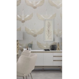 Marburg Vliestapete Grafisch Natur Weiß-Beige mit Kranichmuster im Wohnraum.