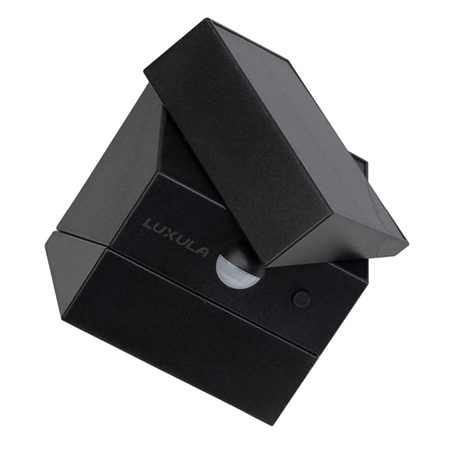 Schwarze LUXULA Solar Wandleuchte mit Bewegungsmelder und drehbarem Solarpanel.