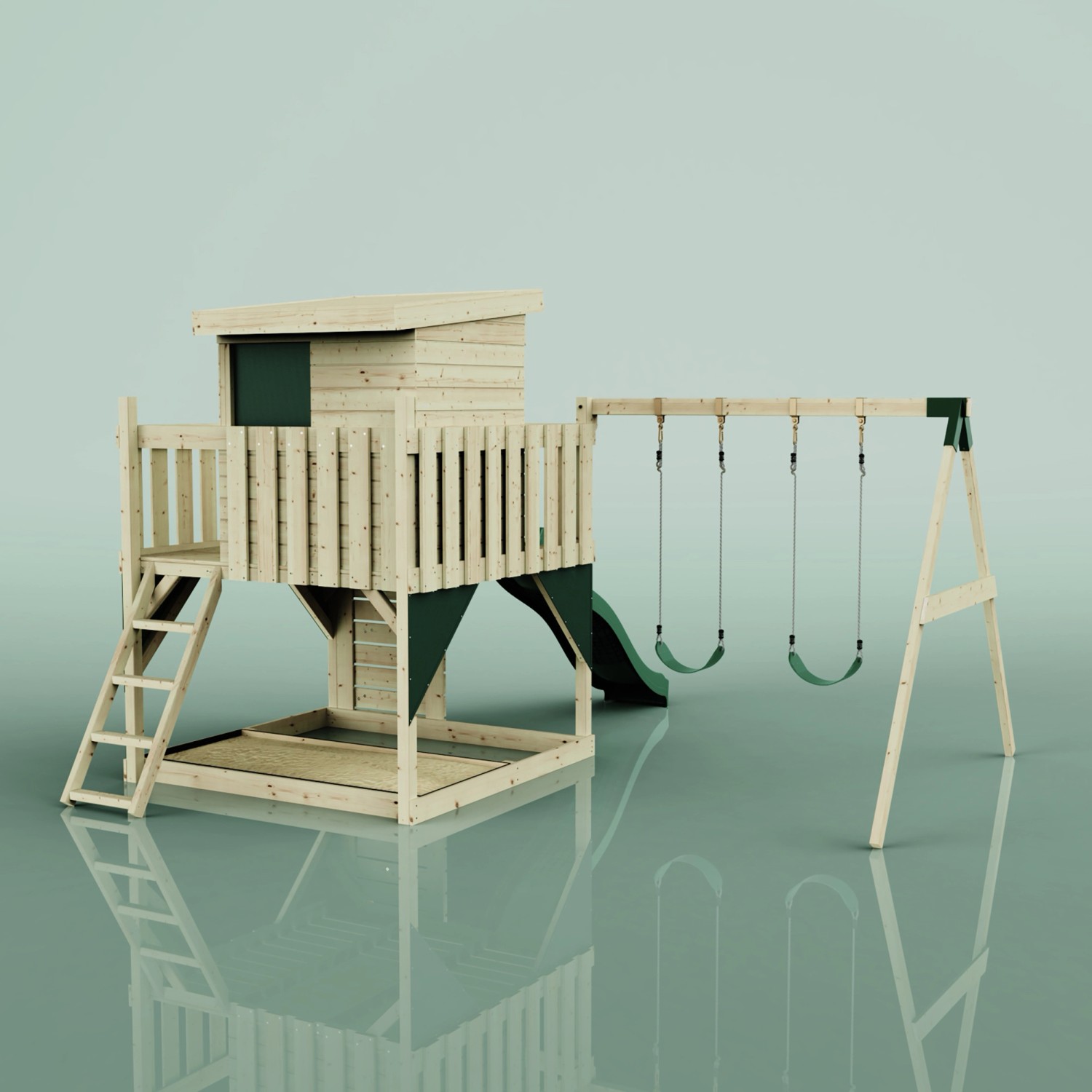 PolarPlay Spielturm Björn mit Schaukel, Leiter, Rutsche und Sandkasten in Dunkelgrün.