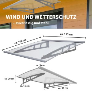 TRUTZHOLM Türvordach 115x100cm, transparentes Polycarbonat, silberne Träger. Optimaler Wetterschutz.