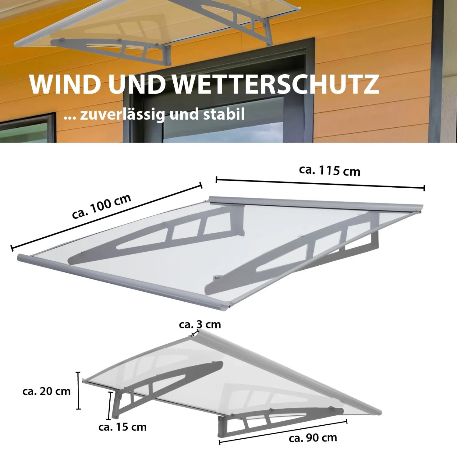 TRUTZHOLM Türvordach 115x100cm, transparentes Polycarbonat, silberne Träger. Optimaler Wetterschutz.