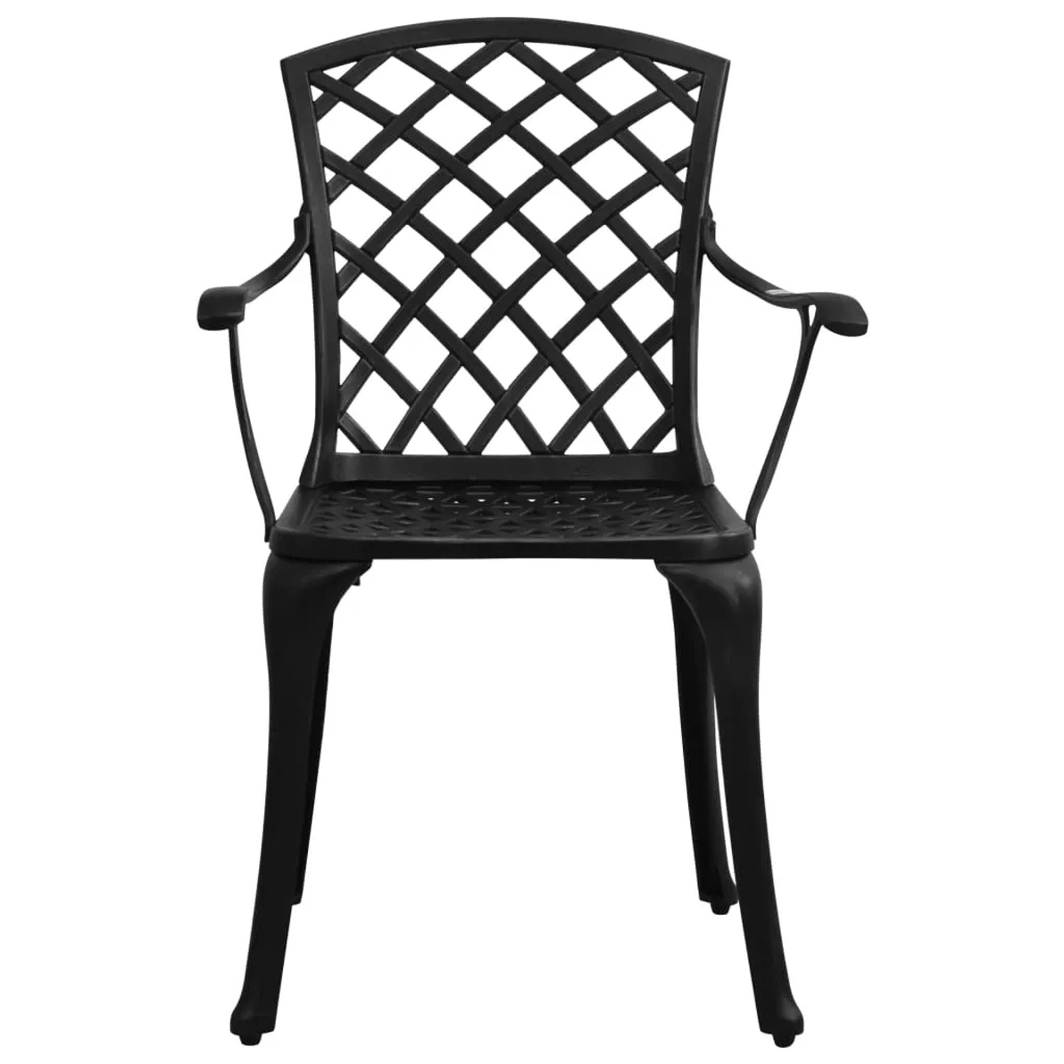 Schwarzer Gartenstuhl aus Aluminiumguss, Teil des 3-tlg. Bistro-Sets.