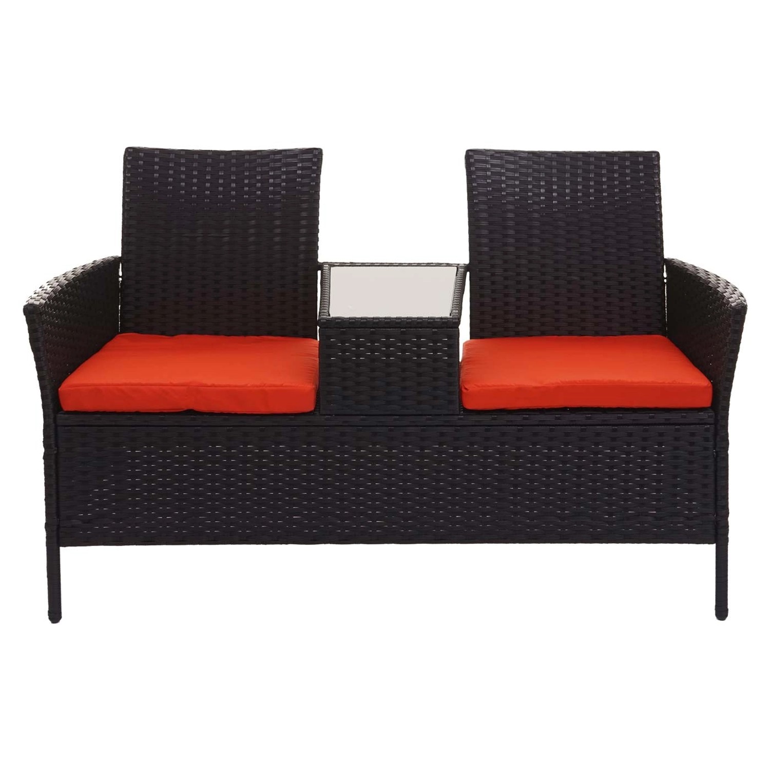 Schwarze Poly-Rattan Gartenbank mit Tisch und terracottafarbenen Kissen.