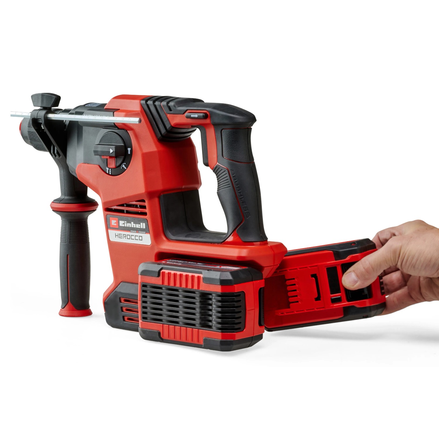 Einhell 36V Akku-Bohrhammer Herocco 36/28 im Koffer, rot/schwarz. Akku wird eingesetzt.