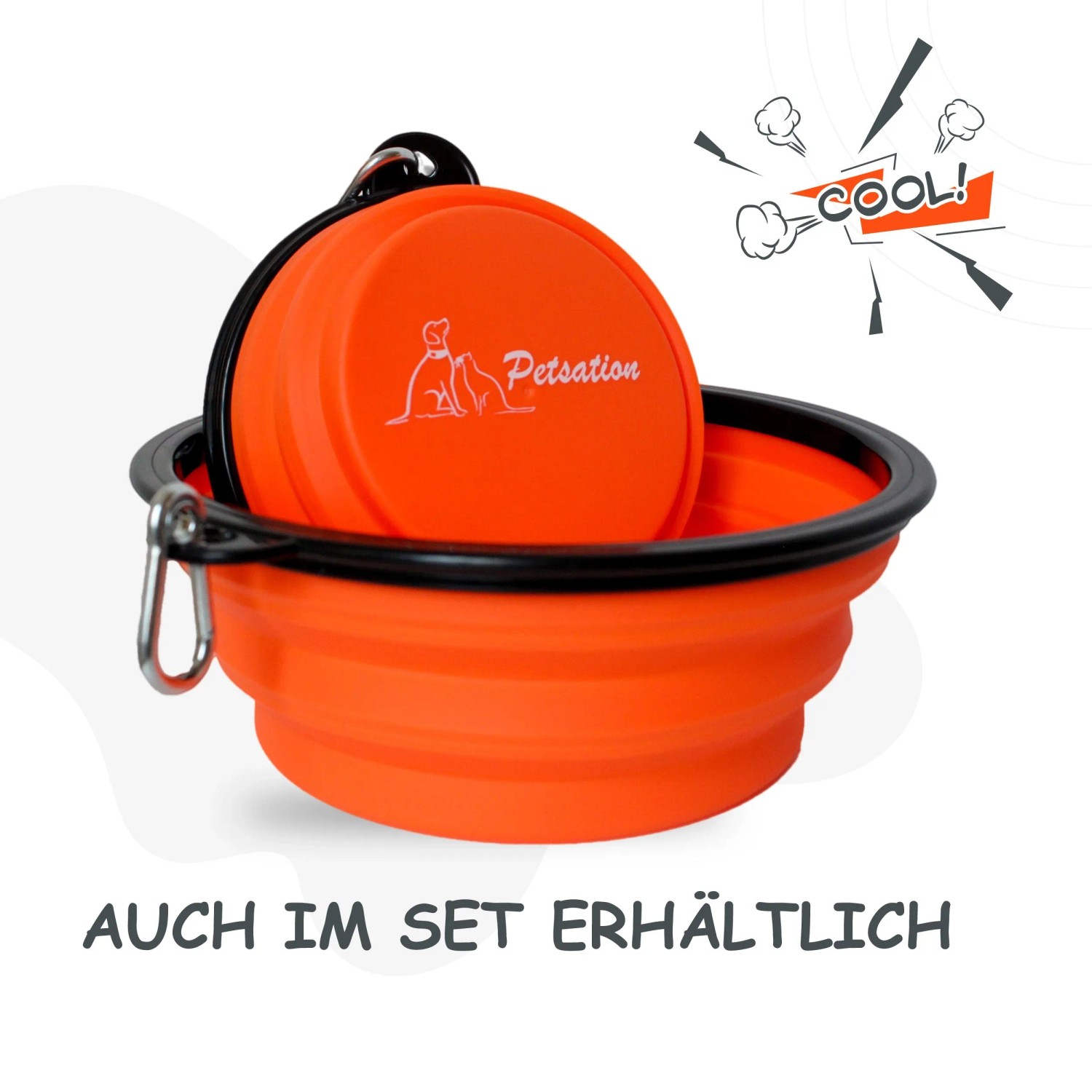 Petsation Faltbarer Reisenapf, orange, mit Karabinerhaken. Ideal für Hunde unterwegs.