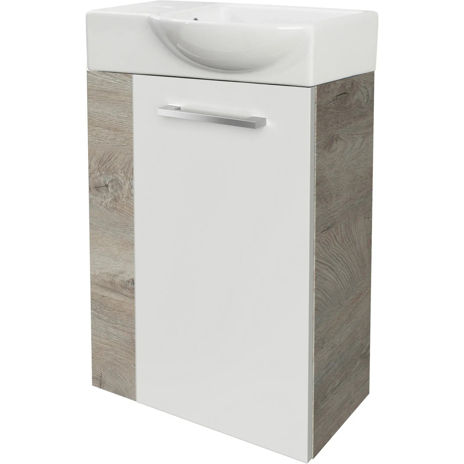 Fackelmann Waschbeckenunterschrank SBC Eiche Natur, 44 cm breit, mit weißer Front und Griff.