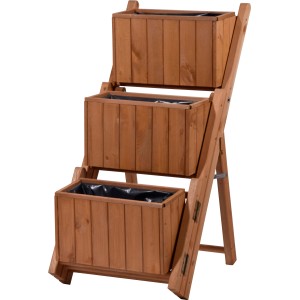 Braune, dreistufige Pflanztreppe aus Holz, entfaltbar für Garten oder Balkon.