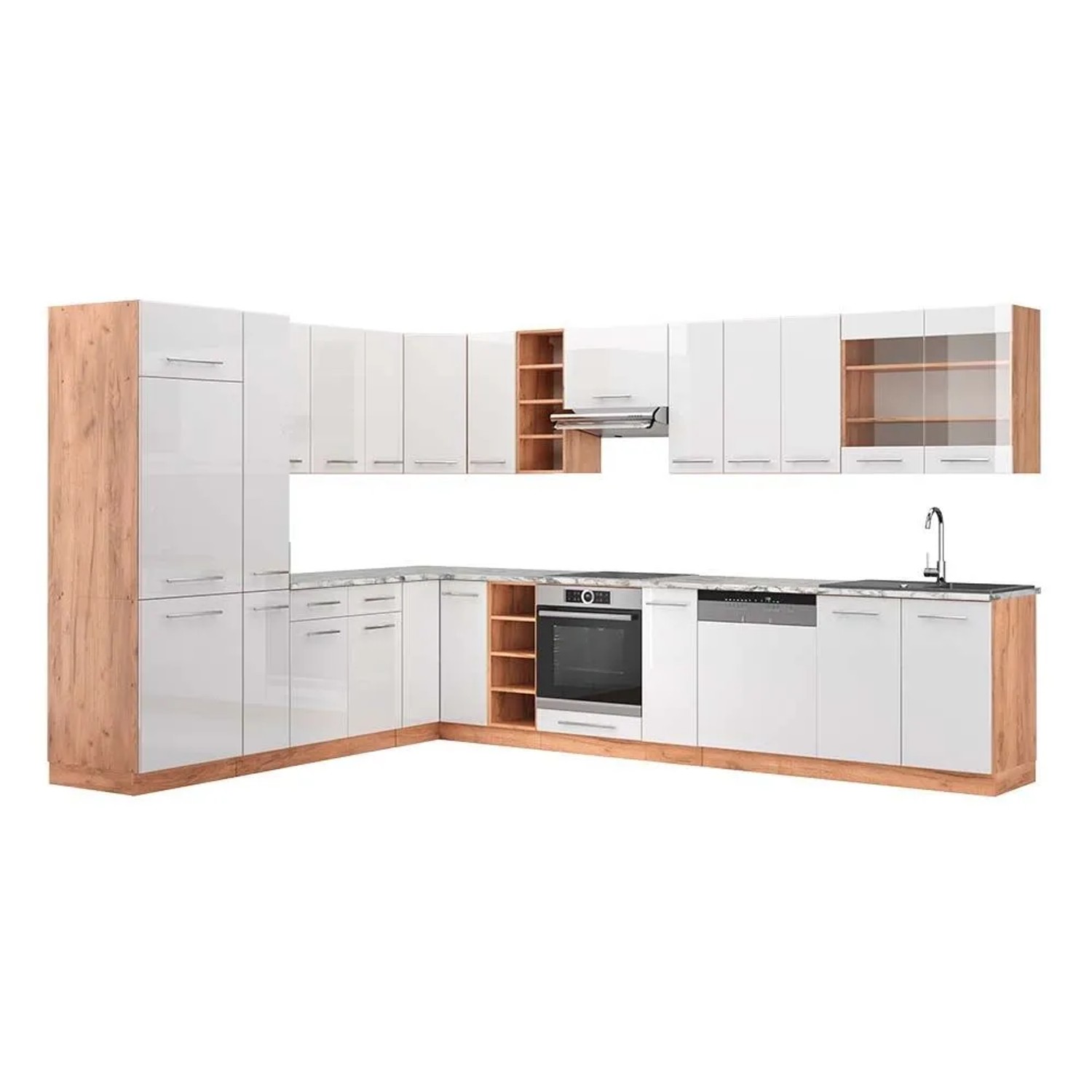 Vicco Eckküche Fame-Line Weiß Hochglanz/Goldkraft Eiche 347 x 82, AP Marmor