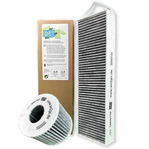 AIR2GO Ersatzfilter Set für Bora Dunstabzugshauben PURE, PUAKF, PUXU, X PURE. Aktivkohlefilter und Verpackung.