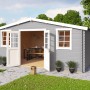Lichtgraues Lasita Holz-Gartenhaus Wels 5 mit geöffneten Doppeltüren und Fenstern.