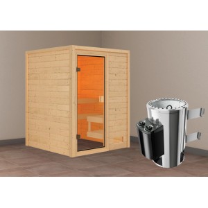 Karibu Sauna Sandra mit Ofen: Massivholzsauna mit Glastür und integriertem Ofen.