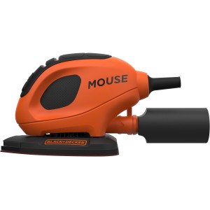 Black+Decker Dreieckschleifer BEW230K Mouse® in Orange und Schwarz mit Staubsaugeradapter.
