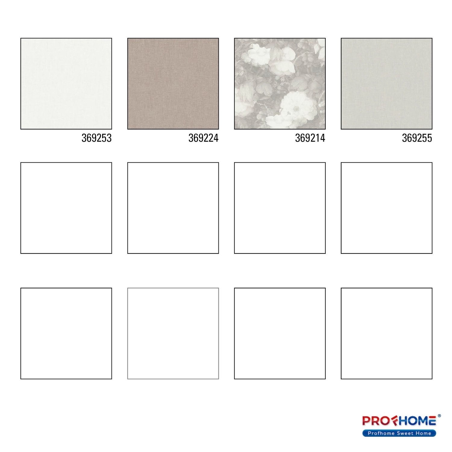 Muster verschiedener PROFHOME Tapeten, darunter die Textiloptik Tapete Uni Matt Weiß.