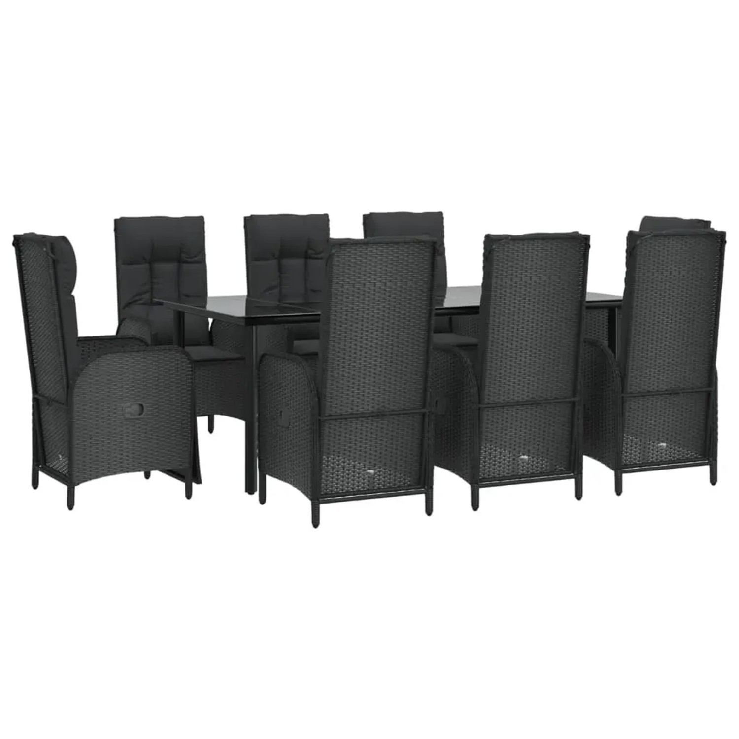 Schwarze 9-tlg. vidaXL Garten-Essgruppe aus Polyrattan mit Kissen.