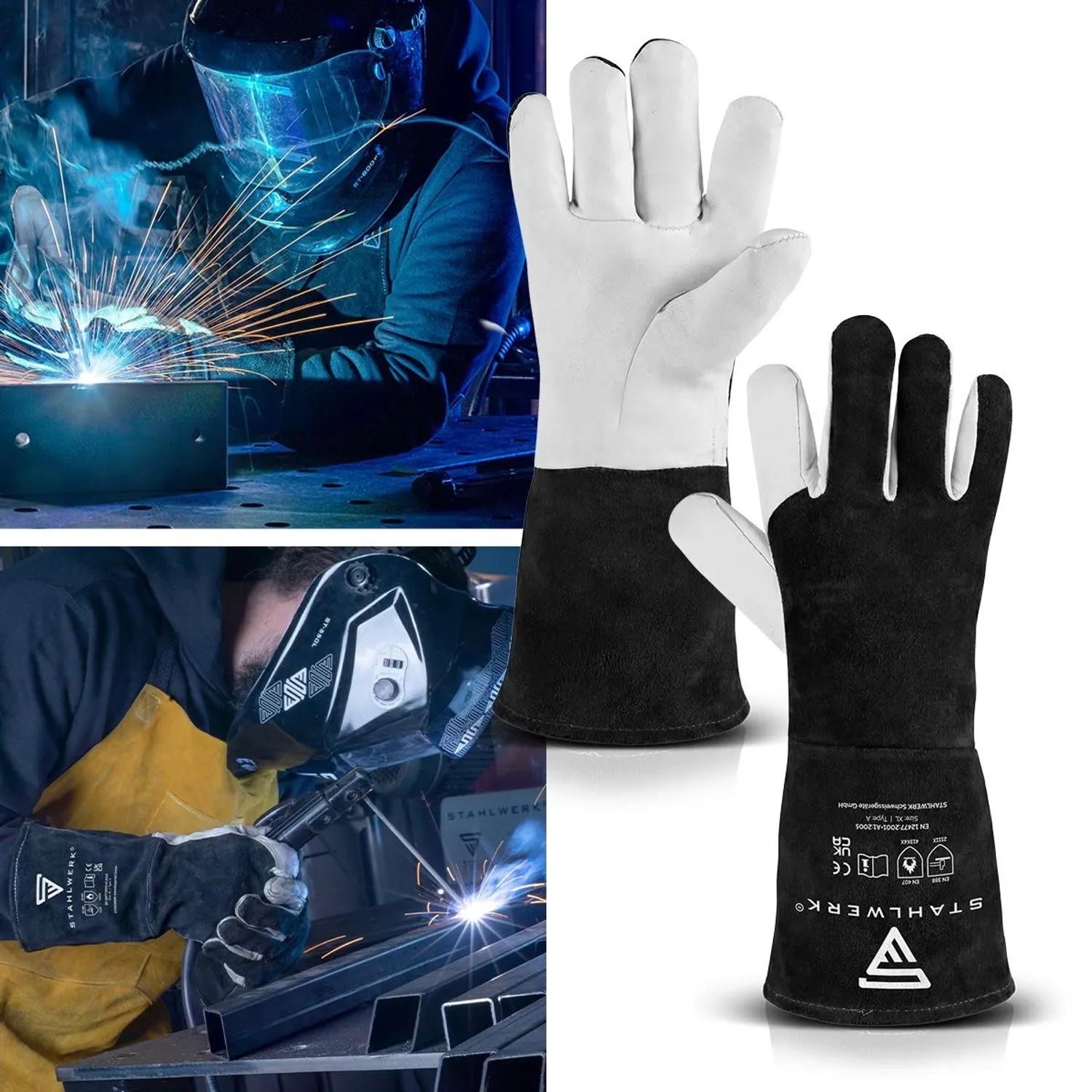 STAHLWERK Schweißerhandschuhe aus Echtleder, schwarz-weiß, mit langem Hitzeschutz-Schaft. Ideal für Schweißarbeiten.